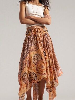 Free People One Kaia Asymmetrical Skirt.Boho Handkerchief Skirt in Peach Paisley